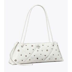 Tory Burch Kira Diamond Quilt Grommet East West Shoulder Bag NEW White Leather